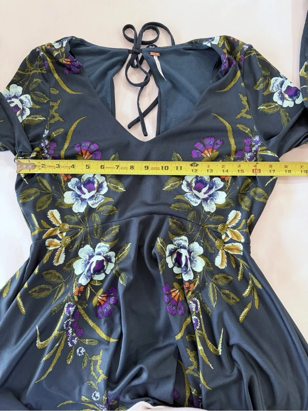 Free People Women M Teal Floral Bell Sleeve Mini Dress Open Back Boho Festival